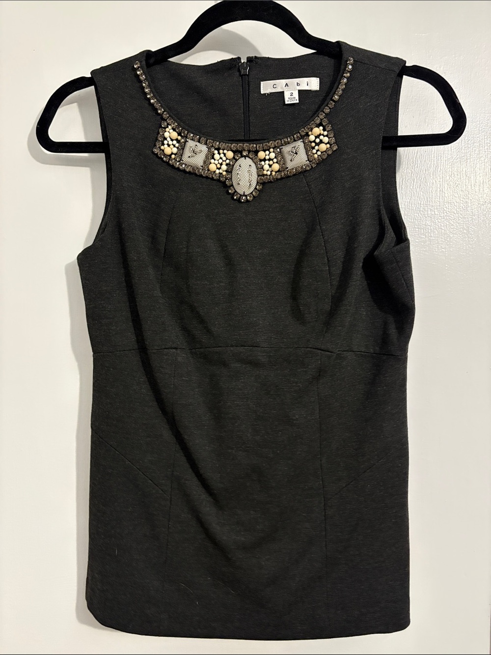 CAbi Black Sleeveless Sheath Top with Beaded Necklace Detail